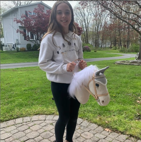 Snow Cream hobby horse with removable leather bridle and ear bonnet