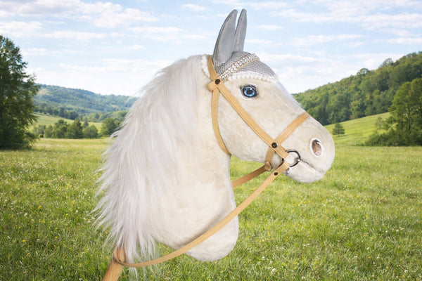 Snow Cream hobby horse with removable leather bridle and ear bonnet