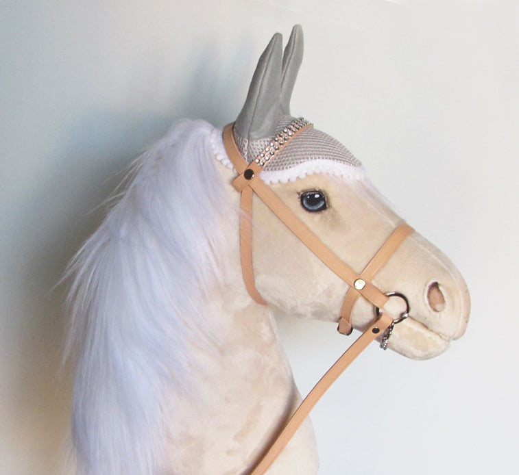 Snow Cream hobby horse with removable leather bridle and ear bonnet