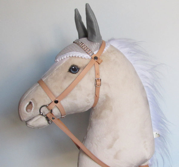 Snow Cream hobby horse with removable leather bridle and ear bonnet