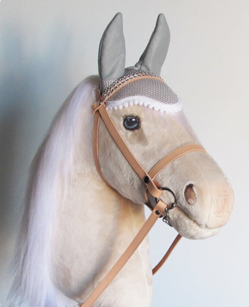 Snow Cream hobby horse with removable leather bridle and ear bonnet